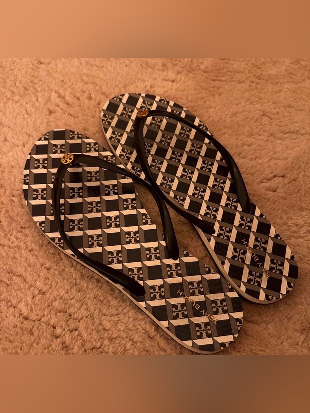 Tory Burch Black & White Checkerboard Logo Flip Flop Sandals